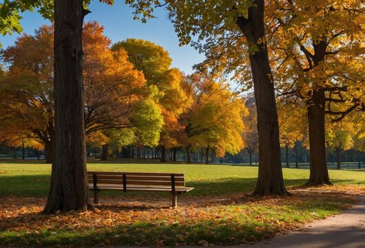 Idyllic autumn park setting with vibrant foliage, perfect for promotional materials related to seasonal events or outdoor activities