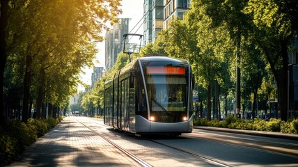 Obraz premium An electric tram moving through a tree-lined street, surrounded by energy-efficient buildings, public transportation, eco-friendly city design