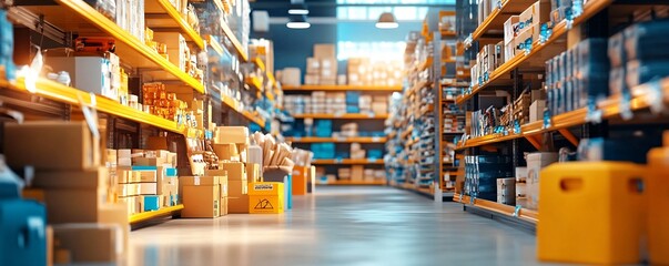Warehouse Storage Shelves with Boxes and Products.