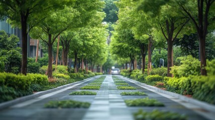 Obraz premium Urban streets lined with trees and green infrastructure, including permeable pavements and rain gardens, urban green infrastructure, sustainable city streets