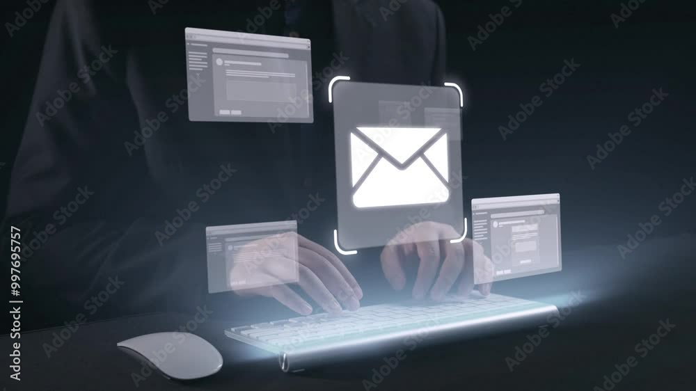 Poster business person checking email inbox, organizing and prioritizing messages for better productivity. 