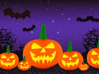 Halloween pumpkin illustration background with graveyard. Dark and blurry design of charming full moon.