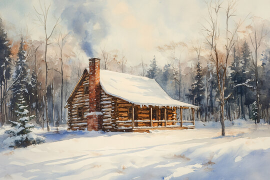 Watercolor Painting of Solitary Wooden Cabin Surrounded by Snow-Draped Trees, Smoke Drifting from Chimney into Crisp Air