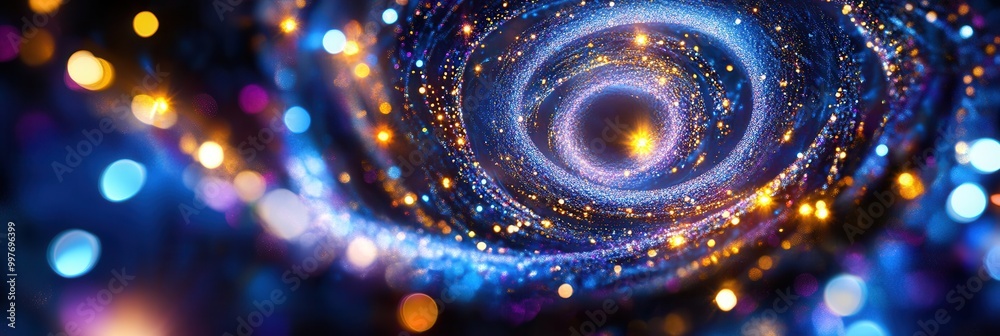 Poster Brightly arranged Christmas lights form a dynamic spiral pattern, adding vibrancy to the holiday atmosphere in the evening. Generative AI