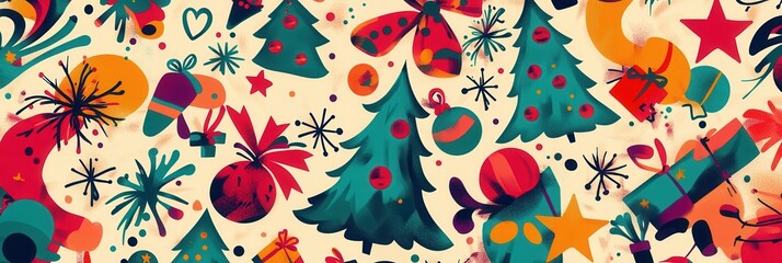 Naklejka premium The artwork showcases a lively arrangement of Christmas symbols including trees, stars, gifts, and snowflakes for a joyful celebration. Generative AI