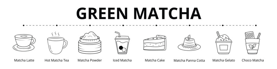 Green Matcha Line Banner Web Icon Set Vector Illustration, Matcha Latte Hot Tea Powder Iced Cake Panna Cotta Gelato Choco