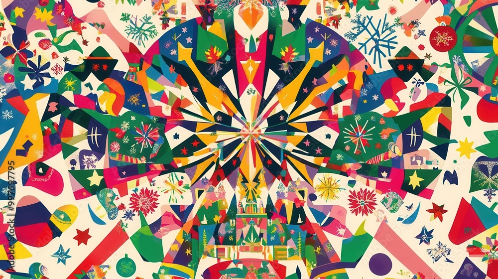 Poster this colorful design features a rich array of christmas symbols such as trees, stars, snowflakes, an