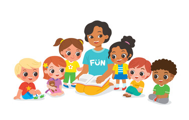 A teacher is sitting and reading a storybook to young students. The children are seated around the teacher on floor, listening intently.