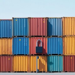 Containers piled high, blocked by a giant lock and key, symbolizing halted imports, trade barrier, trade restrictions