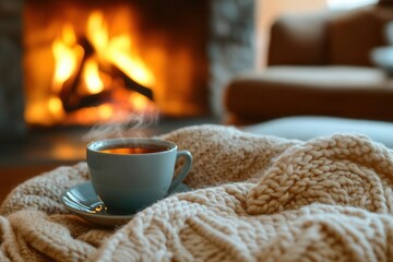 A cozy Sunday afternoon spent knitting by the fireplace, warm blankets, and a hot cup of tea nearby, Sunday crafting, relaxed hobby
