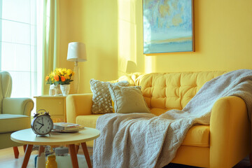A bright yellow living room with a sofa, an armchair, and a clock on the wall, all in shades of yellow. A cozy blanket is draped over one side of the couch, adding warmth to its design.