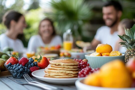 A family enjoying a Sunday brunch outdoors, filled with laughter, fresh fruit, and pancakes, Sunday brunch, happy family moment