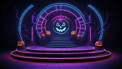 Fototapeta premium Halloween podium with neon lights , Halloween background copy space , Generated by AI