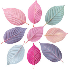 Obraz premium Pastel colored leaves in variety of shapes create visually appealing arrangement, showcasing soft hues of pink, blue, and purple. This delightful composition adds touch of natures beauty
