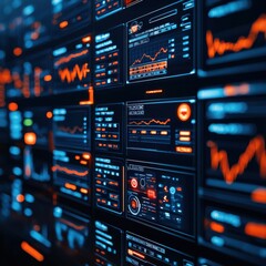 Futuristic data screens displaying financial statistics.