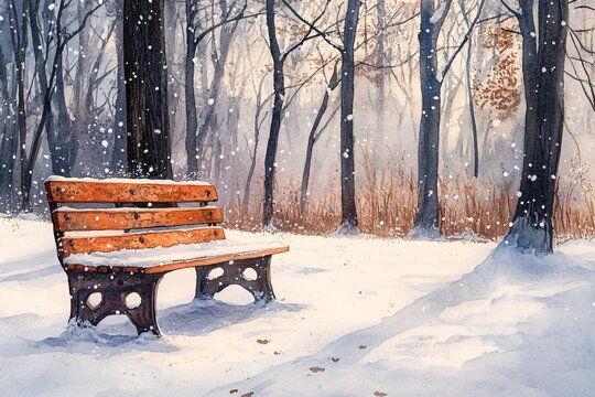 Watercolor Painting of Empty Park Bench Amidst Freshly Fallen Snow: Delicate Snowflakes Softly Descending