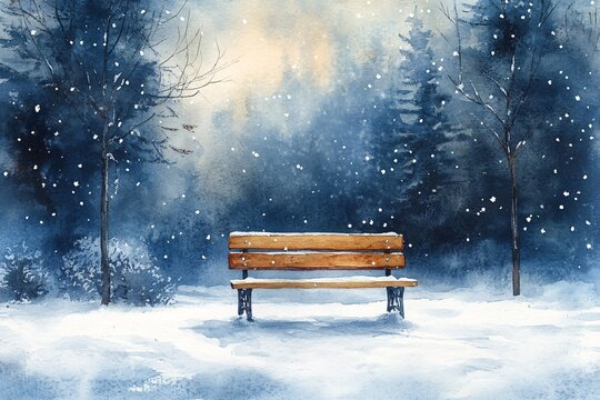 Watercolor Painting of Empty Park Bench Amidst Freshly Fallen Snow: Delicate Snowflakes Softly Descending