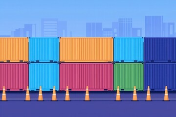 Fototapeta premium Shipping halted, cargo containers stopped by barriers, flat design illustration