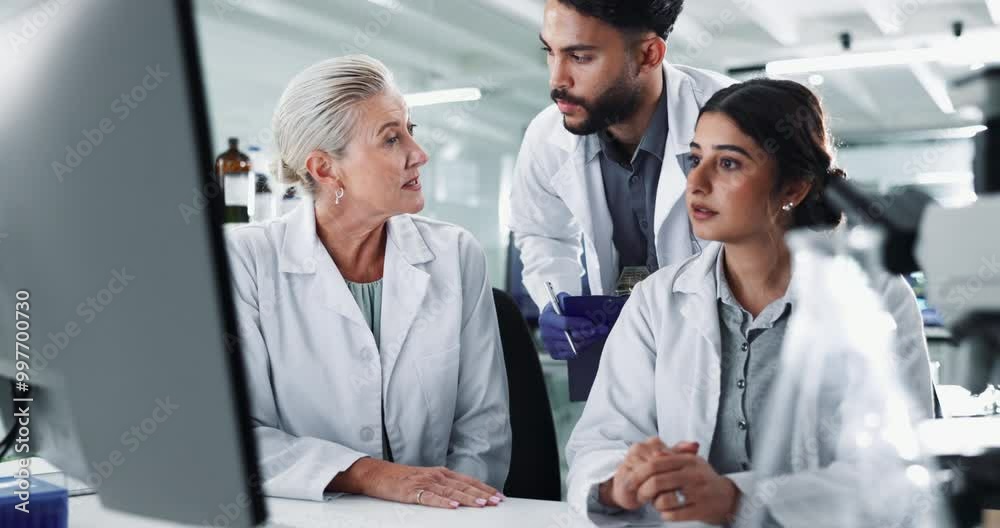Poster Clipboard, computer and science with team of doctors in lab for breakthrough, reporting or research. Collaboration, medical and innovation with people working together for pharmaceutical discovery