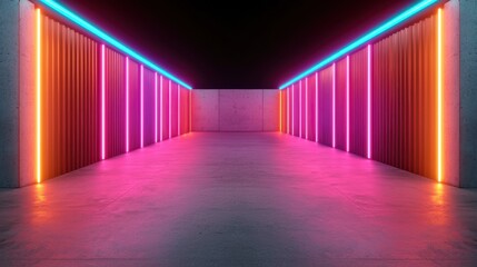 Fototapeta premium Vibrant neon corridor with glowing lights and concrete walls.