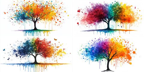 Fototapeta premium A tree with colorful leaves, dripping paint, vector illustration, white background