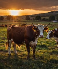 Pastoral sunset featuring grazing cows, perfect for agriculture-related content, environmental awareness campaigns, or rustic lifestyle themes.
