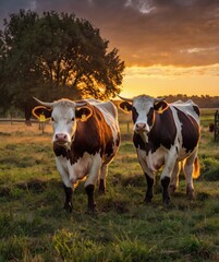 Sunset casting a warm glow over cows in a lush pasture. Perfect for use in farming, sustainability, or lifestyle articles. Eye-catching and serene imagery.