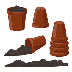 vector drawing clay pots with soil isolated at white background, gardening element, hand drawn illustration