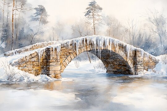 Watercolor Painting of Old Stone Bridge Adorned with Icicles, Arching Over Frozen River in Tranquil Winter Landscape