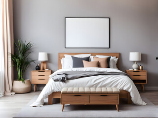 Interior of stylish bedroom with picture, chest of drawers and comfortable bed