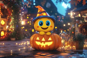 Naklejka premium Smiling Emoji in a Witch Hat Inside a Jack-o'-Lantern