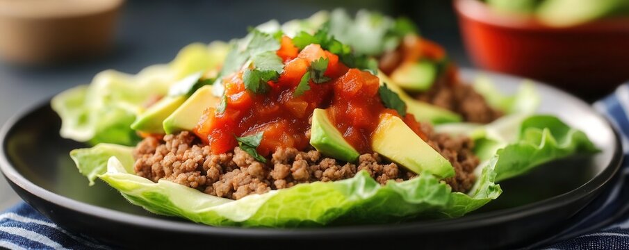 Freshly cooked ground turkey with avocado and salsa, served in lettuce wraps, keto tacos, low-carb Mexican food