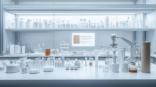 Flyer designed in InDesign with 'Hospital' prominently displayed, placed on a white laboratory surface surrounded by neatly organized lab instruments and a sterile lab setting.