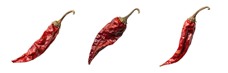 Set of dried red chili peppers isolated on white background