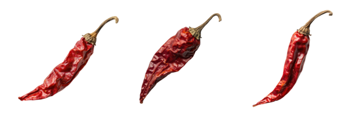 Set of dried red chili peppers isolated on white background