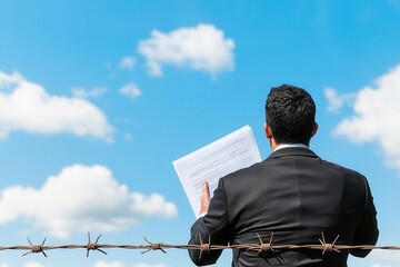 A businessman trying to climb a barbed wire fence while holding trade documents, trade barrier, economic limitations