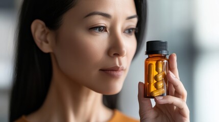Fototapeta premium A determined woman holding a small bottle of weight-loss pills. emphasizing wellness and personal transformation.