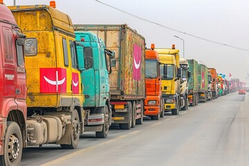 Fototapeta premium Border checkpoint with oversized tariffs symbols blocking trucks full of goods, trade barrier, economic sanctions