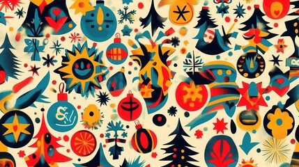 Fototapeta premium This artwork showcases a dynamic array of Christmas symbols, including trees, stars, and gifts, radiating holiday joy and creativity. Generative AI