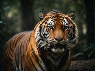 Fototapeta premium tiger looking with the open mouth in dark forest