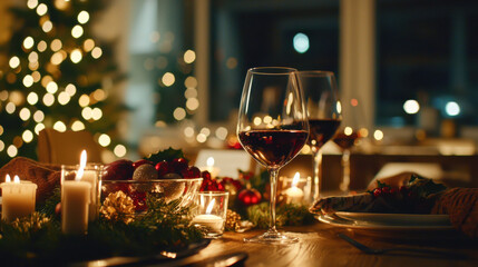 Cozy dinner table with candles and wine glasses