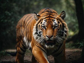 Fototapeta premium tiger looking with the open mouth in dark forest