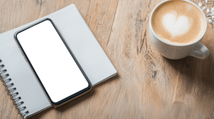 Transparent smartphone screen on notebook with cup of coffee on wooden table