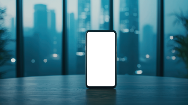 Transparent smartphone screen on glass table with blurred city skyline in the background