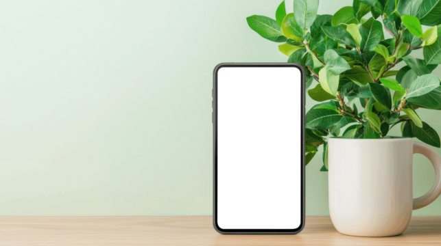 Transparent smartphone screen on wooden desk with green potted plant and soft background