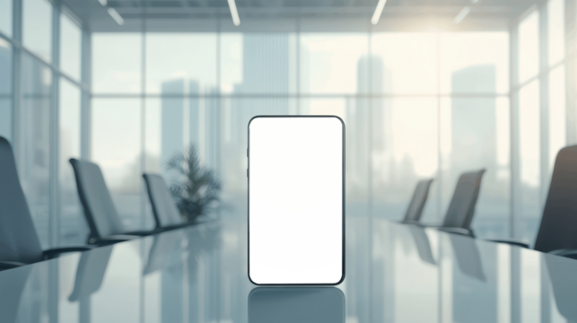Transparent smartphone screen on glass table in modern office with blurred chairs