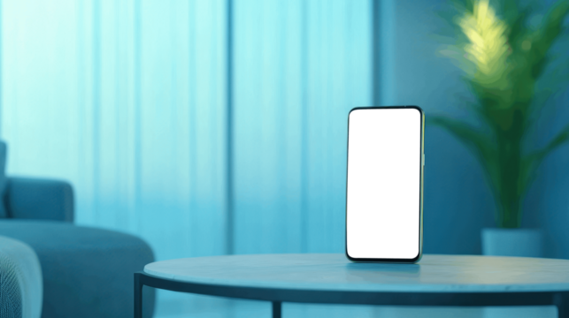 Transparent smartphone screen on round table with potted plant and blue curtain background - Powered by Adobe