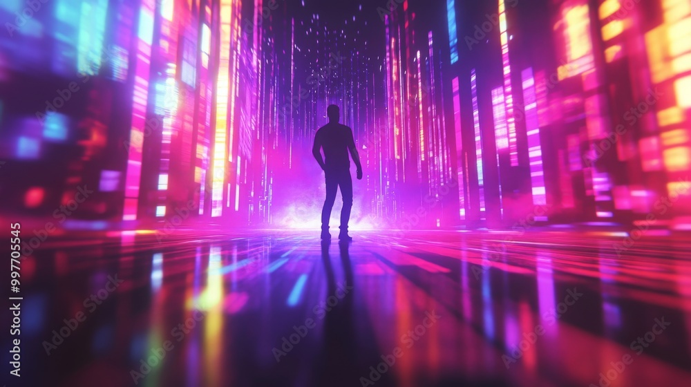 Poster a person's silhouette is highlighted by colorful neon lights, surrounded by a digital backdrop that 