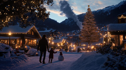 Fototapeta premium A serene winter evening scene featuring a family in a snow-covered village with festive lights and a decorated Christmas tree.
