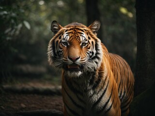 Fototapeta premium tiger looking with the open mouth in dark forest